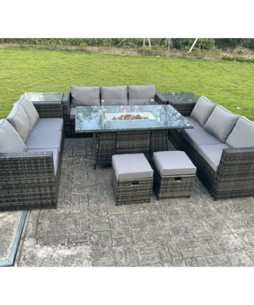 Fimous Outdoor Rattan Garden Corner Furniture Gas Fire Pit Table Gas Heater Sets Side Tables Small Footstools Dark Grey 11 Seater