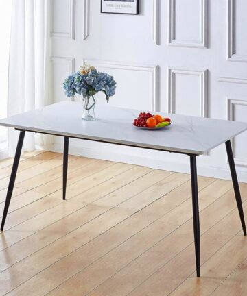 Hallowood Furniture Cullompton Large Rectangular Marble Effect Top White Dining Table with Black Metal Legs, 6-8 Seater Dinner Table for Dining Rooms, Kitchens, or CafÃes (160 x 90 cm)