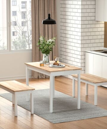 White Set of 3 Modern Wood Dining Table and Benches