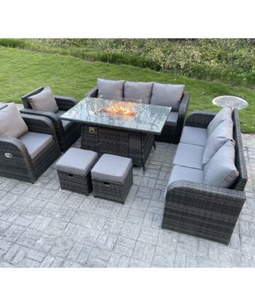 Fimous Outdoor Rattan Garden Furniture High Back Sofa Set Fire Pit Dining Table Gas Heater 2 Recling Chairs 3 Seater Lounge Sofa Footstools 10 Seater