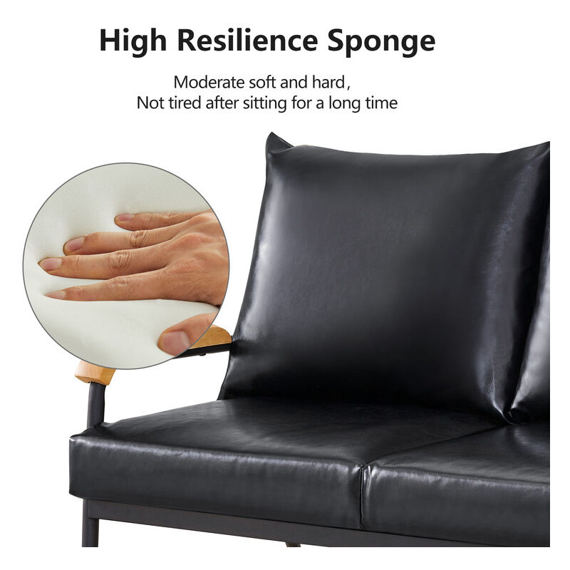 3-Seater Sofa Retro Modern Lounge Sofa with PU Leather Cushion and Metal Frame Black - Image 3