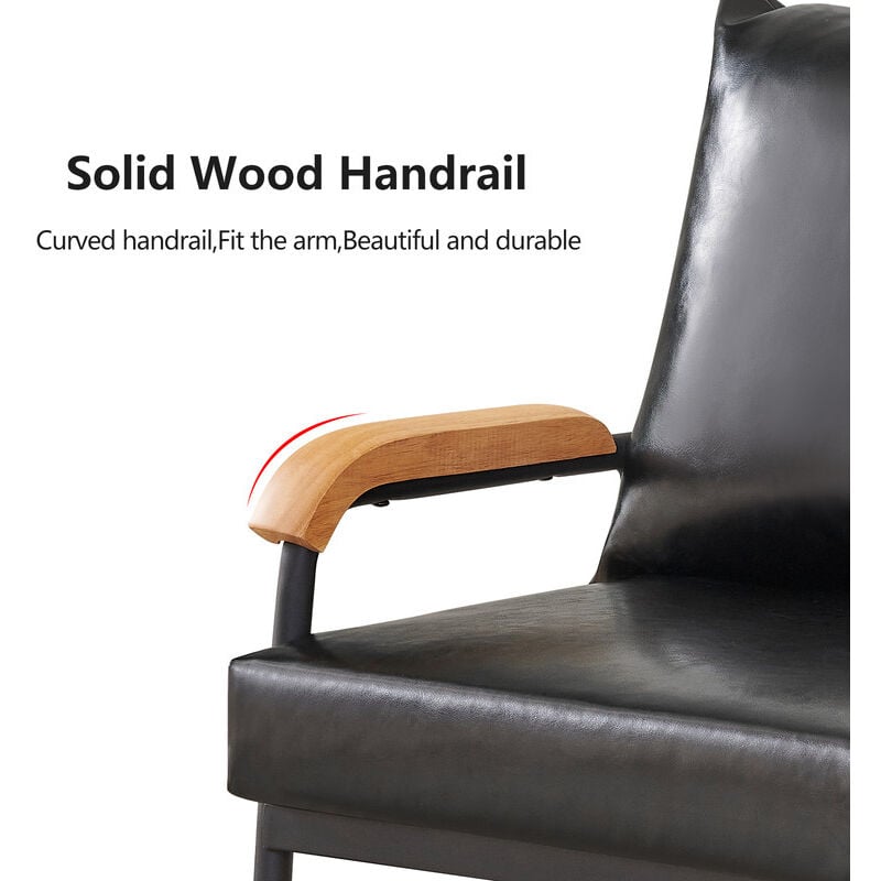 3-Seater Sofa Retro Modern Lounge Sofa with PU Leather Cushion and Metal Frame Black - Image 4