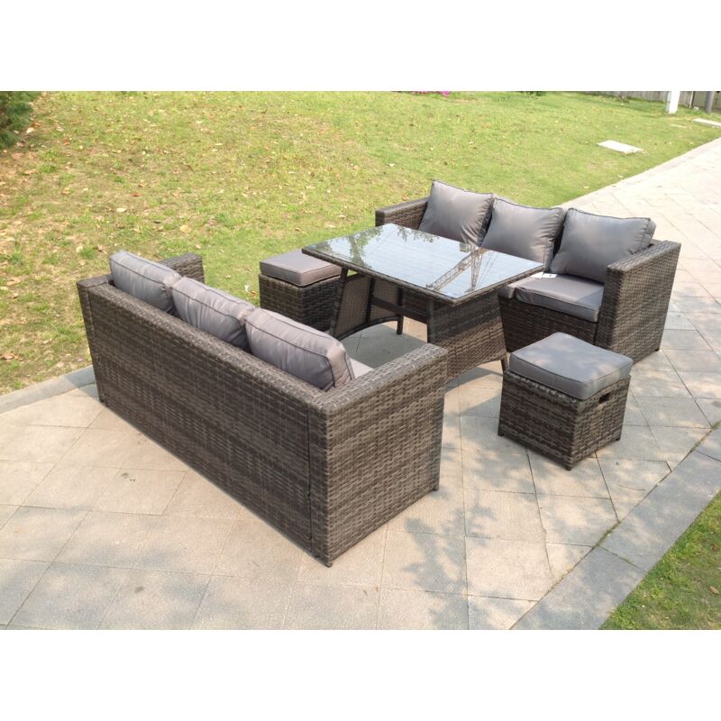 Fimous 8 Seater Lounge Rattan Sofa Set Dining Table Stools Outdoor Garden Furniture - Image 2