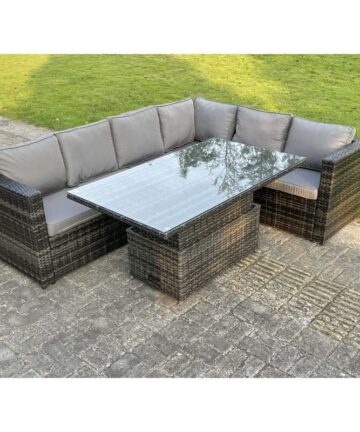 Fimous 6 Seater Rattan Corner Sofa Set Rising Adjustable Dining Table Set With Seat And Back Cushion