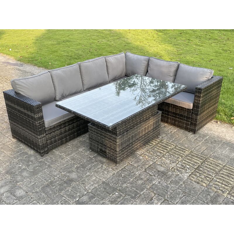 Fimous 6 Seater Rattan Corner Sofa Set Rising Adjustable Dining Table Set With Seat And Back Cushion - Image 2