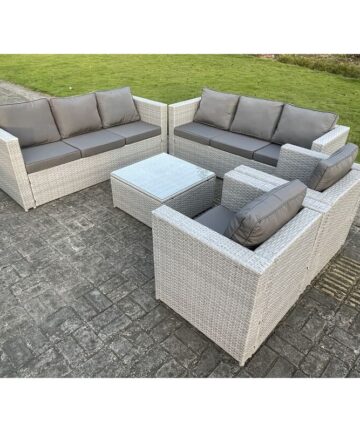 Fimous 8 Seater Light Grey Outdoor PE Rattan Garden Furniture Set Wicker Sofa Set Square Coffee Table 2 Armchair