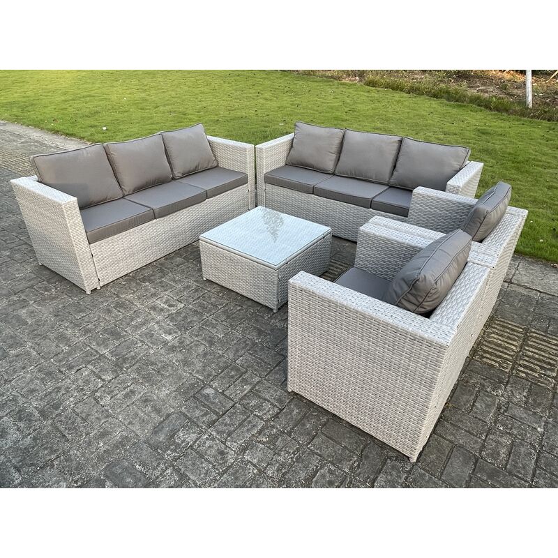 Fimous 8 Seater Light Grey Outdoor PE Rattan Garden Furniture Set Wicker Sofa Set Square Coffee Table 2 Armchair - Image 2