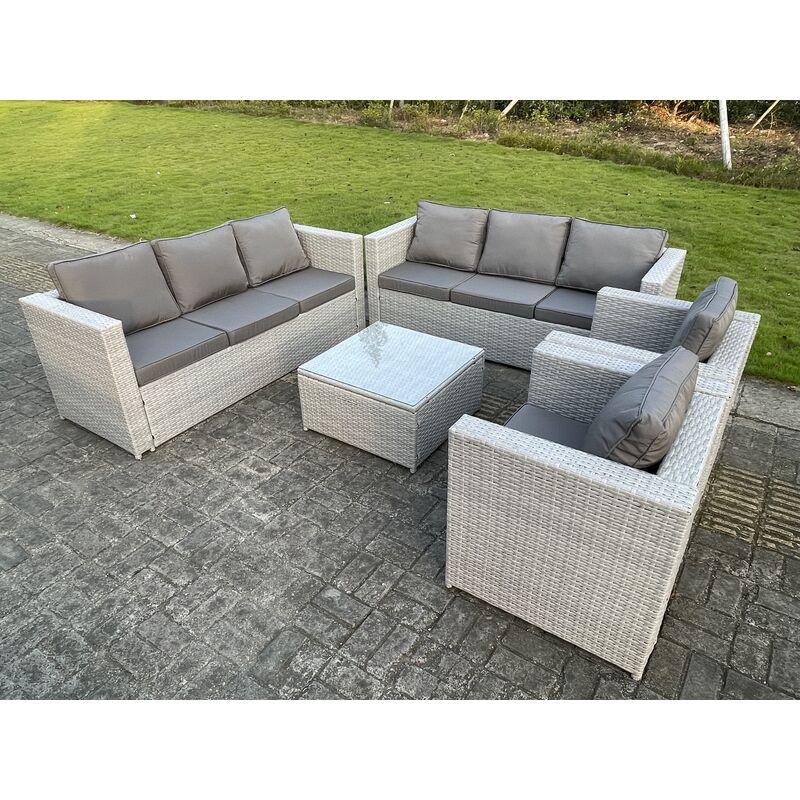 Fimous 8 Seater Light Grey Outdoor PE Rattan Garden Furniture Set Wicker Sofa Set Square Coffee Table 2 Armchair - Image 3