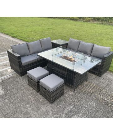 Fimous Rattan Outdoor Garden Corner Furniture Gas Fire Pit Table Sets Gas Heater Lounge Small Footstools Dark Grey 8 Seater