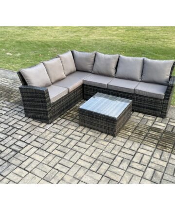 Fimous 6 Seater Outdoor Furniture Garden Dining Set Rattan Corner Sofa Set with Square Coffee Table Dark Grey Mixed