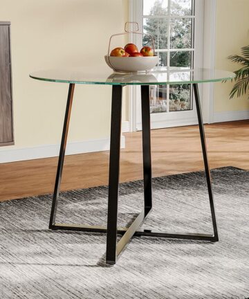 Black Modern Round Dining Table with Tempered Glass Top