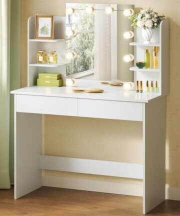 WOLTU Dressing Table with LED Lights. Vanity Table with Adjustable Brightness Mirror. Makeup Desk with 2 Drawers and Open shelves. Wooden Modern Bedroom Dresser. 90x40x135cm. White
