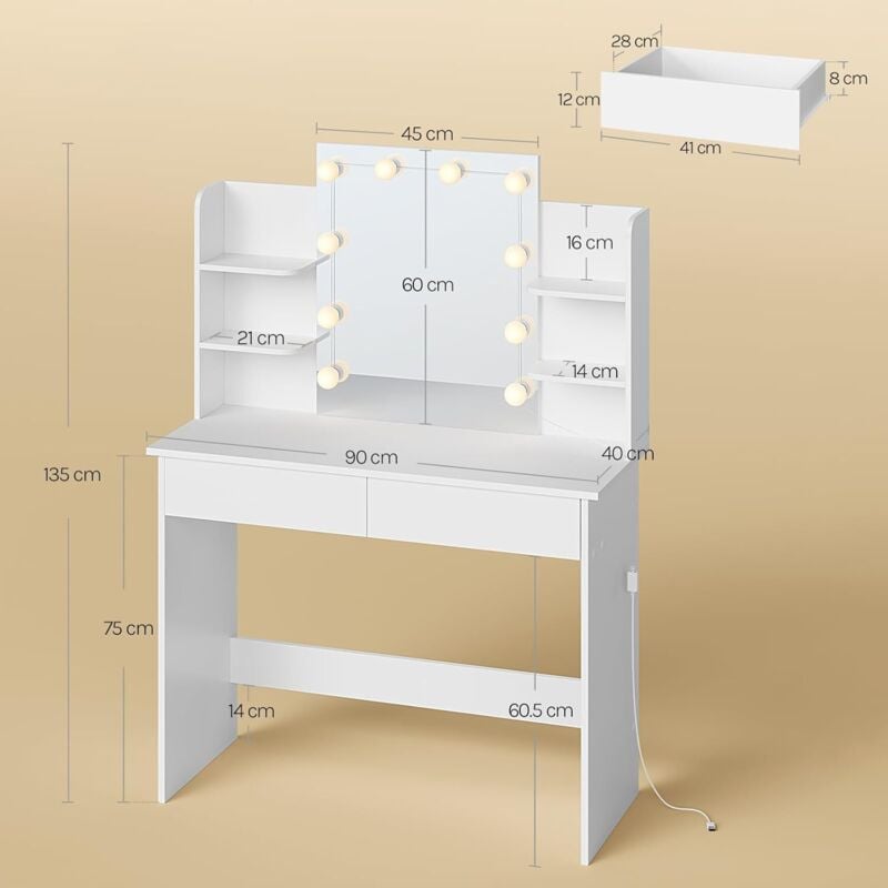 WOLTU Dressing Table with LED Lights. Vanity Table with Adjustable Brightness Mirror. Makeup Desk with 2 Drawers and Open shelves. Wooden Modern Bedroom Dresser. 90x40x135cm. White - Image 2