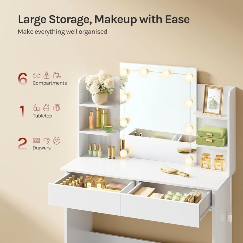 WOLTU Dressing Table with LED Lights. Vanity Table with Adjustable Brightness Mirror. Makeup Desk with 2 Drawers and Open shelves. Wooden Modern Bedroom Dresser. 90x40x135cm. White - Image 3