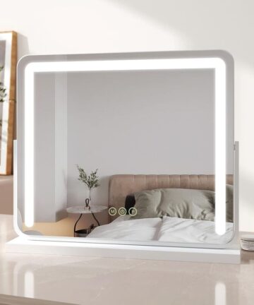 EMKE Hollywood Vanity Mirror with Lights, Large Round Corner Tabletop Makeup Mirror with Dimmable, Smart Touch Screen, Hollywood Mirror with 360Â° Rotation and Memory Function, 60 x 52cm, White