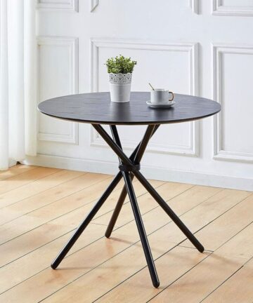 Hallowood Furniture Cullompton Small Wooden Effect Top Black Dining Table with Black Cross Metal Legs, Modern Round Table for Dining Rooms, Kitchens, or CafÃes (90cm)