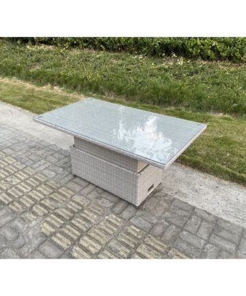 Fimous PE Wicker Rattan Garden Furniture Adjustable Rising Dining or Coffee Table In Light Grey Mixed With Clear Tempered Glass Semi Assembled