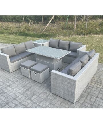Fimous U Shape Lounge Rattan Garden Furniture Set Adjustable Rising Lifting Table Dining Set With Side Coffee Tea Table Stool