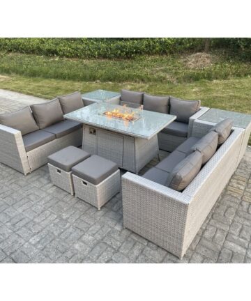 Fimous Light Grey U Shape Lounge Sofa Dining Set With Gas Fire Pit Heater Burner With 2 PC Side Coffee Tea Table Stools