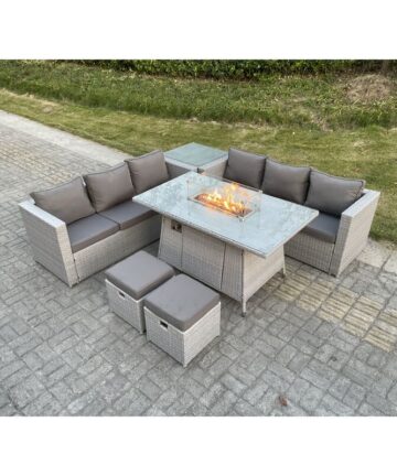 Fimous Light Grey Rattan FirePit Garden Furniture Set Gas Heater Burner Lounge Sofa Dining Table With Side Coffee Table 2 pc Stool