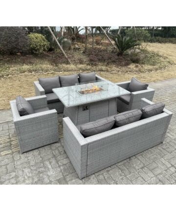 Fimous Light Grey Rattan Garden Furniture Set Gas Fire Pit Dining Set Heater Burner Lounge Sofa Chairs Outdoor