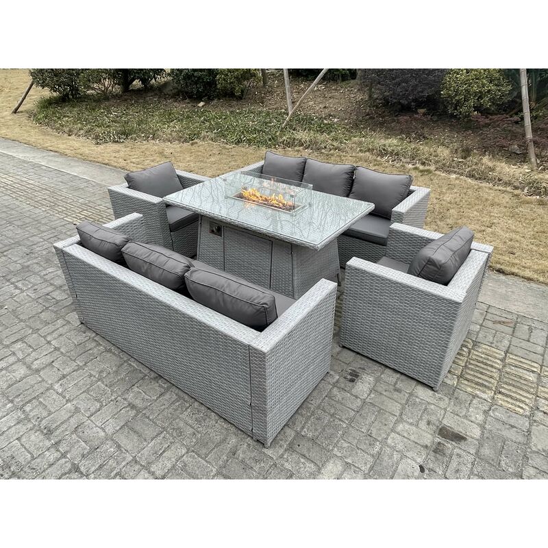 Fimous Light Grey Rattan Garden Furniture Set Gas Fire Pit Dining Set Heater Burner Lounge Sofa Chairs Outdoor - Image 3