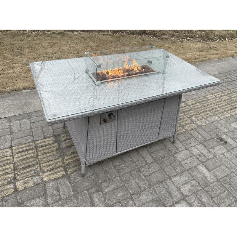 Fimous Light Grey Rattan Garden Furniture Set Gas Fire Pit Dining Set Heater Burner Lounge Sofa Chairs Outdoor - Image 4