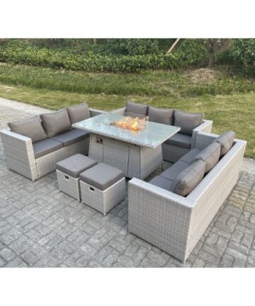 Fimous Light Grey U Shape Lounge Sofa Dining Set With Gas Heater Fire pit Burner 2 PC Small Footstool