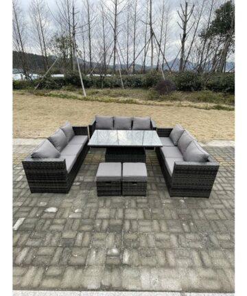 Fimous U Shape Outdoor Rattan Garden Furniture Sofa Set Lounge Adjustable Rising Lifting Tables Footstool Dark Grey Mixed
