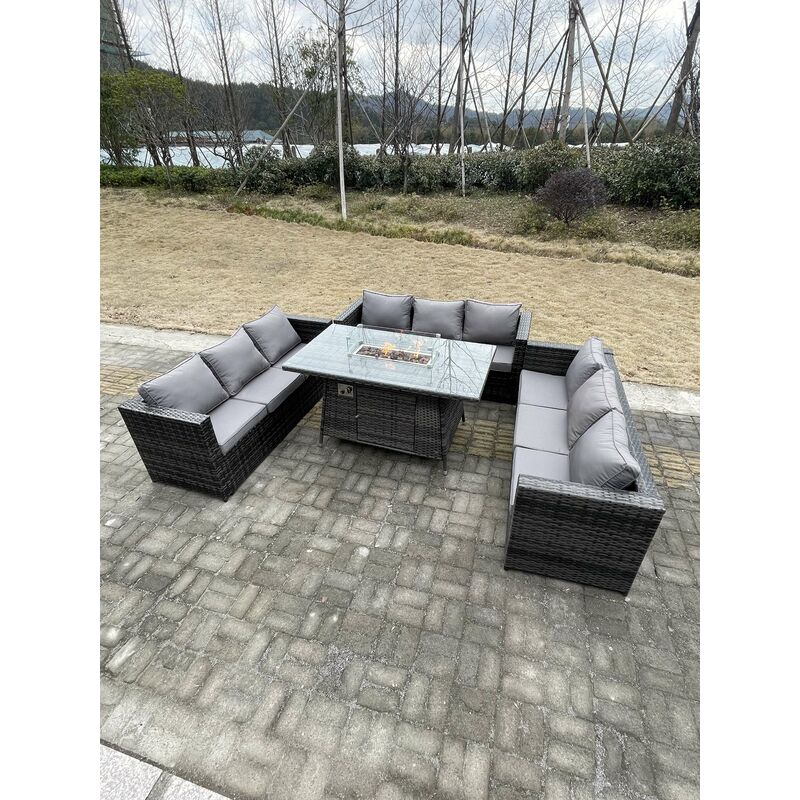 Fimous 9 Seater U Shape Outdoor Lounge Rattan Sofa Set Garden Furniture Gas Firepit Set Dining Table Dark Grey Mixed - Image 3