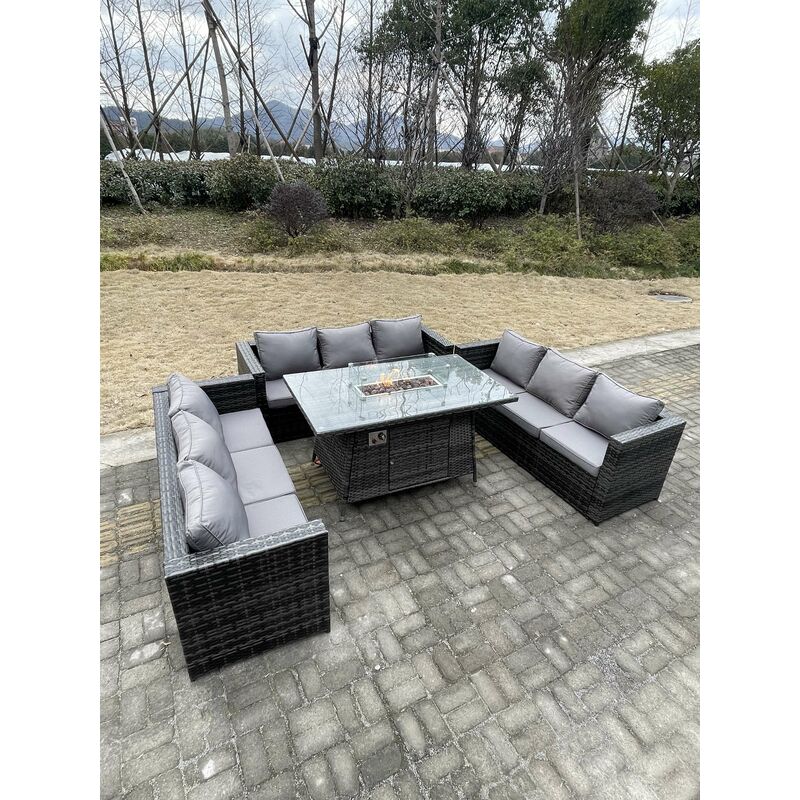 Fimous 9 Seater U Shape Outdoor Lounge Rattan Sofa Set Garden Furniture Gas Firepit Set Dining Table Dark Grey Mixed - Image 4