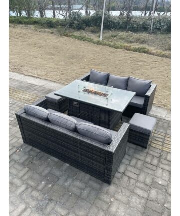 Fimous 8 Seater Outdoor Rattan Sofa Set Garden Furniture Gas Firepit Set Heater Dining Table Footstools Dark Grey Mixed