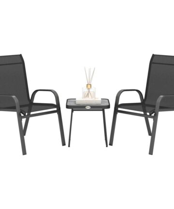 Outsunny 3 Pieces Outdoor Bistro Set, Patio Stackable Armchairs with Breathable Mesh Fabric and SPC Board Coffee Table Black