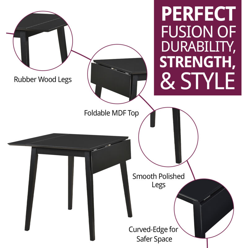 Hallowood Furniture Ledbury Small Drop Leaf Table Black Finish, Space-Saving Solid Wood Rectangular Extendable Folding Dining Table for Kitchen, Home or Cafe - Image 2