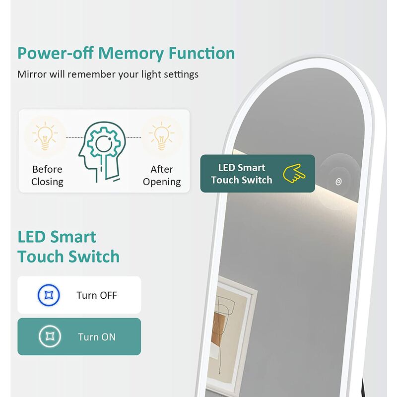 EMKE FreeStanding Floor Mirror Arched Dressing Mirror with Dimming & 3 Color Full Length Mirror with Led Lights 147x45cm White - Image 2