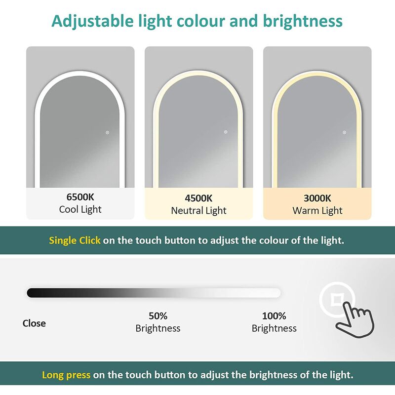 EMKE FreeStanding Floor Mirror Arched Dressing Mirror with Dimming & 3 Color Full Length Mirror with Led Lights 147x45cm White - Image 3