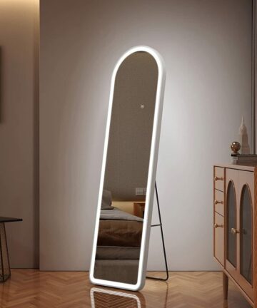 EMKE FreeStanding Floor Mirror Arched Dressing Mirror with Dimming & 3 Color Full Length Mirror with Led Lights 160x45cm White