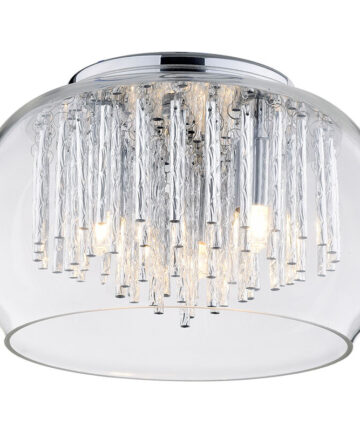 Litecraft Ceiling Light Flush Mount With Glass Bowl Shade & Metal Rods - Polished Chrome