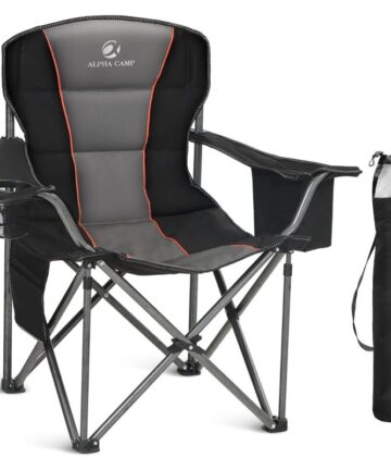 ALPHA CAMP Padded Camping Chair Folding Portable Chair Oversized Camping Folding Portable Chair Heavy Duty Steel Frame Grey+Black