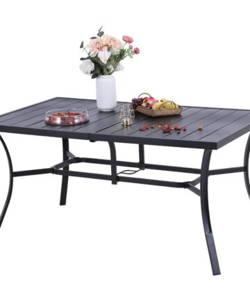 PHIVILLA 150 90cm Garden Table for 6 Person Rust Proof Steel Frame and Parasol Hole Outdoor Furniture Garden Dining Table Maintenance Free Black