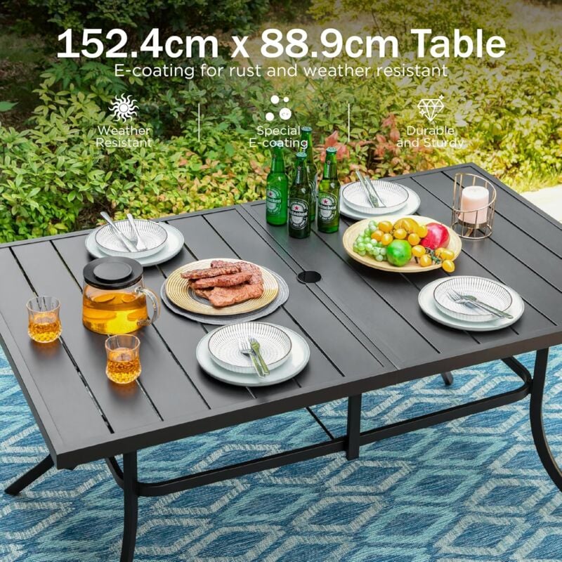 PHIVILLA 150 90cm Garden Table for 6 Person Rust Proof Steel Frame and Parasol Hole Outdoor Furniture Garden Dining Table Maintenance Free Black - Image 3