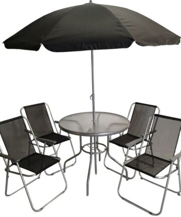 Samuel Alexander 4 Seater Garden Table And Chairs Set 4 Folding Chairs Outdoor Glass Table Garden Dining Set With Black Parasol Umbrella Patio Furniture Set