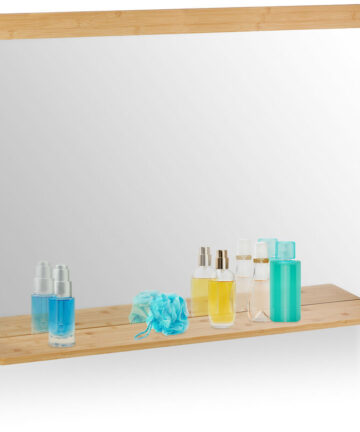 Relaxdays Wall Mirror with Shelf, Bamboo Frame, HxW 68.5 x 90 cm, Bathroom & Toilet, Hallway & Bedroom, Hanging, Natural