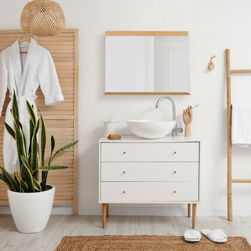 Relaxdays Wall Mirror with Shelf, Bamboo Frame, HxW 68.5 x 90 cm, Bathroom & Toilet, Hallway & Bedroom, Hanging, Natural - Image 2