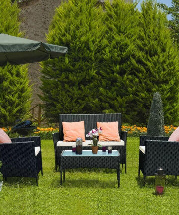 Rattan Garden Furniture Set, 4 Piece Patio Bigzzia Rattan furniture Sofa Sets Weaving Wicker includes 2 Armchairs,1 Double seat Sofa and 1 table
