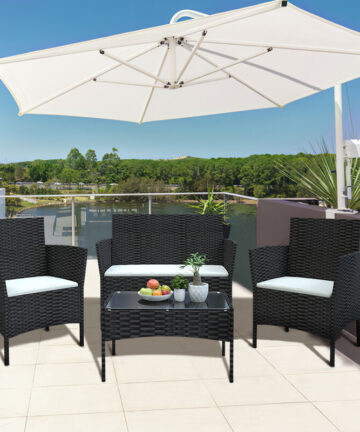 4 PCS Garden Furniture set - Bigzzia Rattan Outdoor Table Chair Sofa sets With Tempered Glass Table - Black