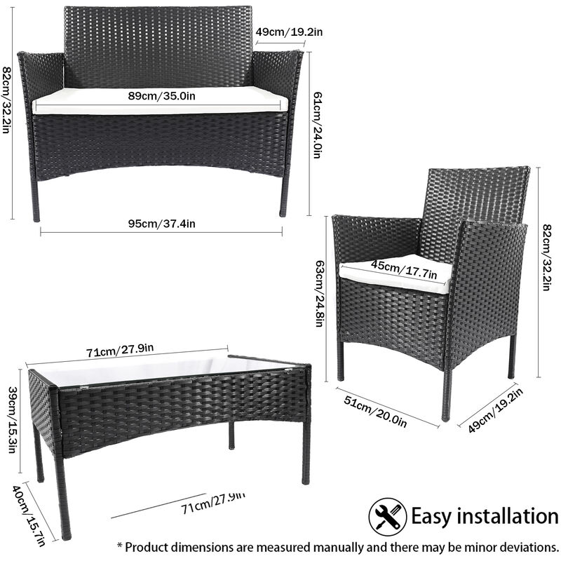 4 PCS Garden Furniture set - Bigzzia Rattan Outdoor Table Chair Sofa sets With Tempered Glass Table - Black - Image 2