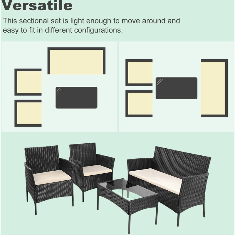 4 PCS Garden Furniture set - Bigzzia Rattan Outdoor Table Chair Sofa sets With Tempered Glass Table - Black - Image 4