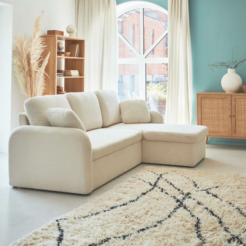 3-seater reversible corner sofa bed in boucle fabric, Milano boucle, White, 220x83x85 cm - Image 2