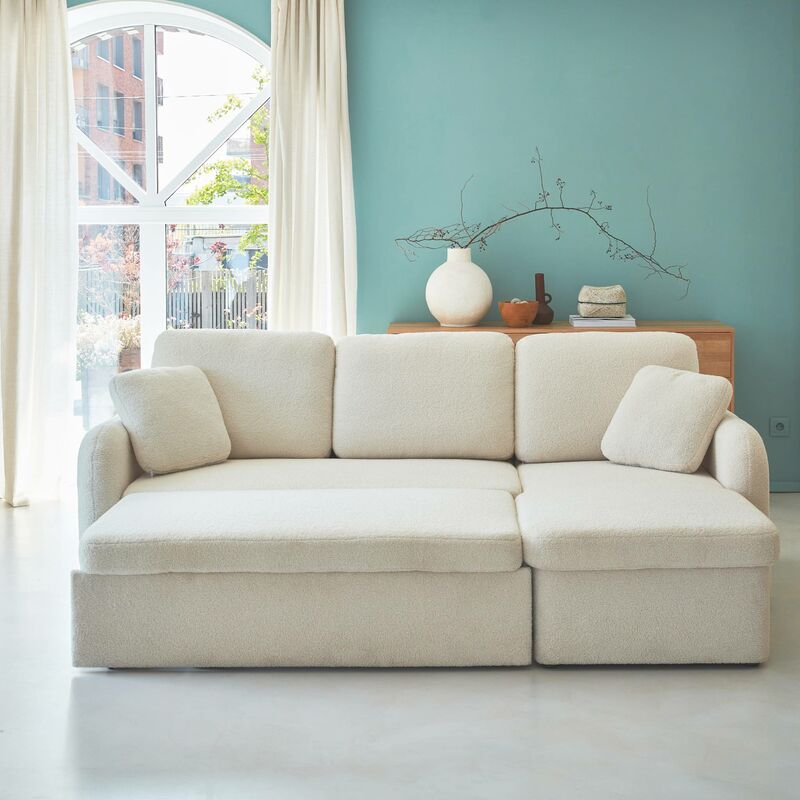 3-seater reversible corner sofa bed in boucle fabric, Milano boucle, White, 220x83x85 cm - Image 4